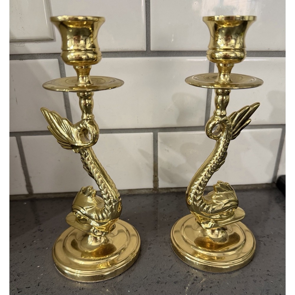 VTG Pair Of Baldwin Solid Brass Sea Serpants Dragon Candle Stick Holders